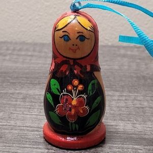 Antique Russian USSR Hand Painted Solid Wood Doll Ornament